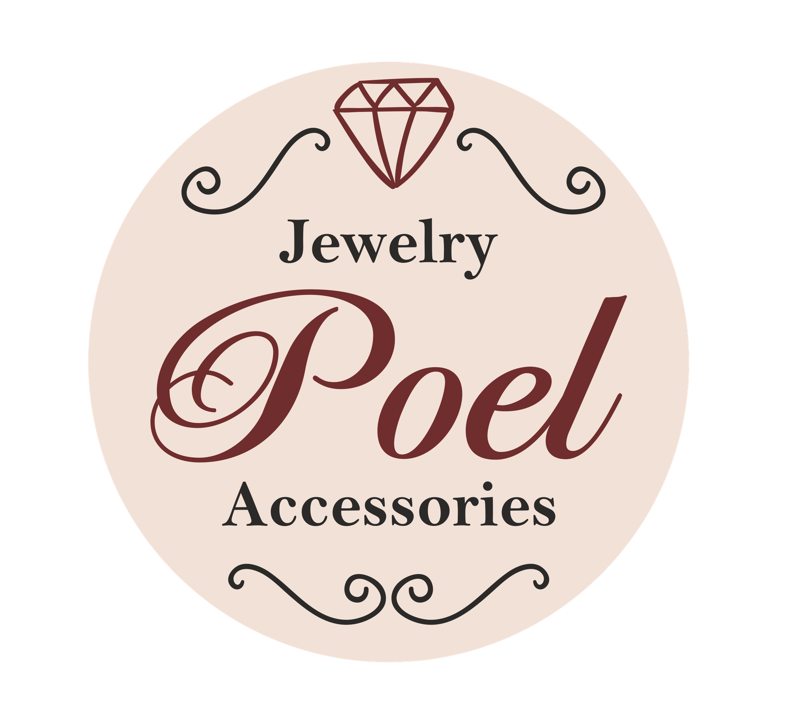 Λογότυπο της Poel Jewelry Accessories με διαμάντι και καλλιγραφική γραμματοσειρά.