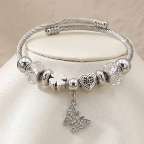 ΑΣΗΜΙ ΑΤΣΑΛΙΝΟ  BANGLE ΜΕ ΠΕΤΑΛΟΥΔΑ  ΚΑΙ ΚΡΥΣΤΑΛΛΑ