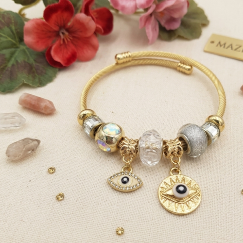 ΧΡΥΣΟ ΑΤΣΑΛΙΝΟ BANGLE ΜΕ ΜΑΤΑΚΙΑ ΚΑΙ ΠΕΤΡΑΔΙΑ