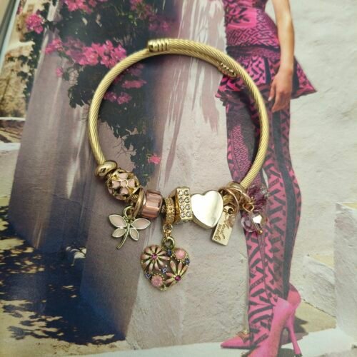 ΧΡΥΣΟ ΕΠΙΧΡΥΣΩΜΕΝΟ BANGLE ΑΤΣΑΛΙ FLORAL ΜΕ ΡΟΖ ΣΤΟΙΧΕΙΑ